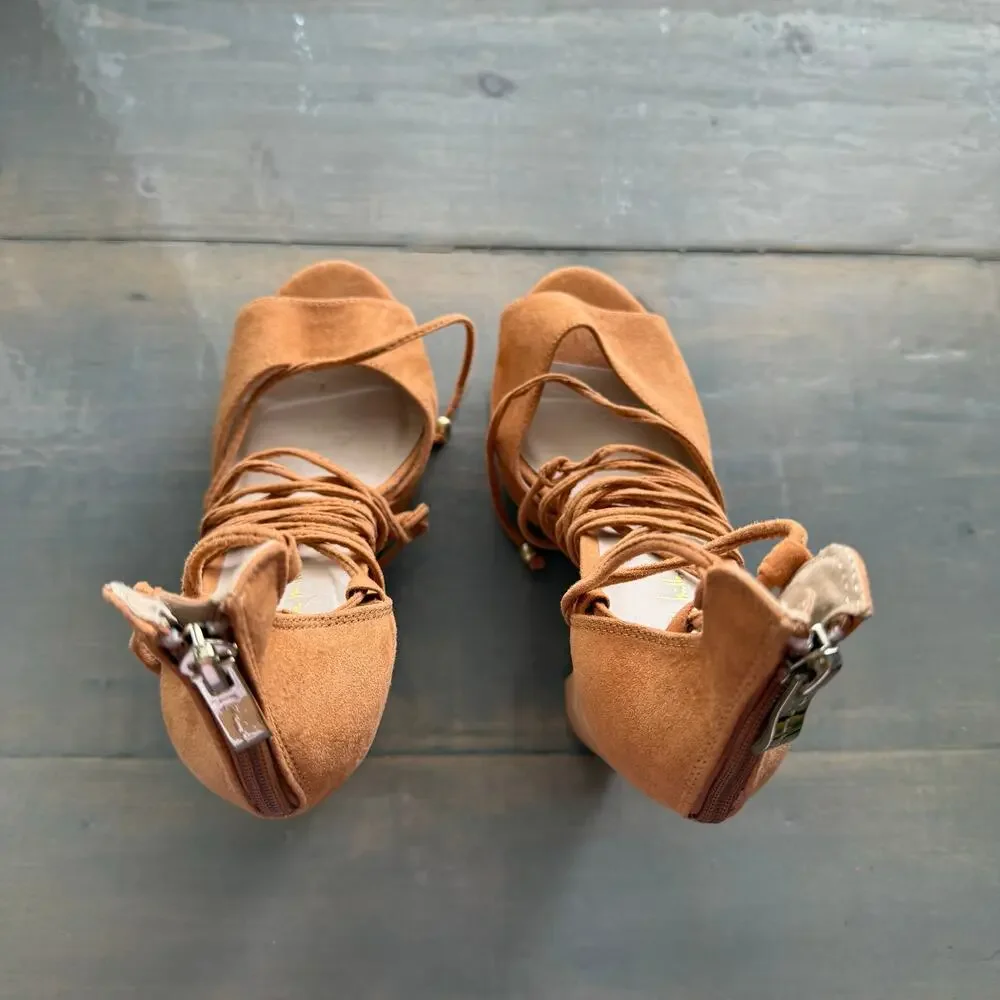 Nicole by Nicole Miller Camel Open Toe Sophia Block Heel Wedges Sz 8.5